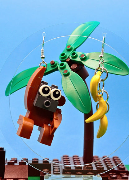 Banana Bandit - Swinging Orangutan -Banana Tree - Brown-Yellow-Bold Earrings-1866x2592