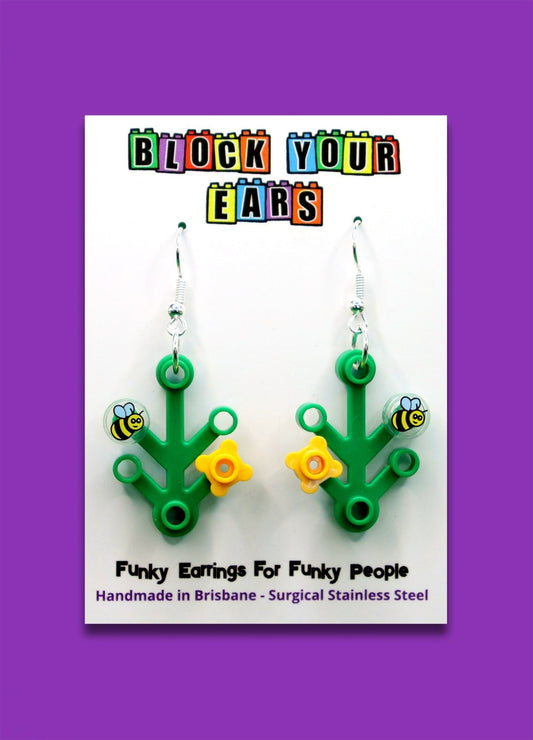 LEGO plant earrings with yellow flower and bee-Cute dangles on display card