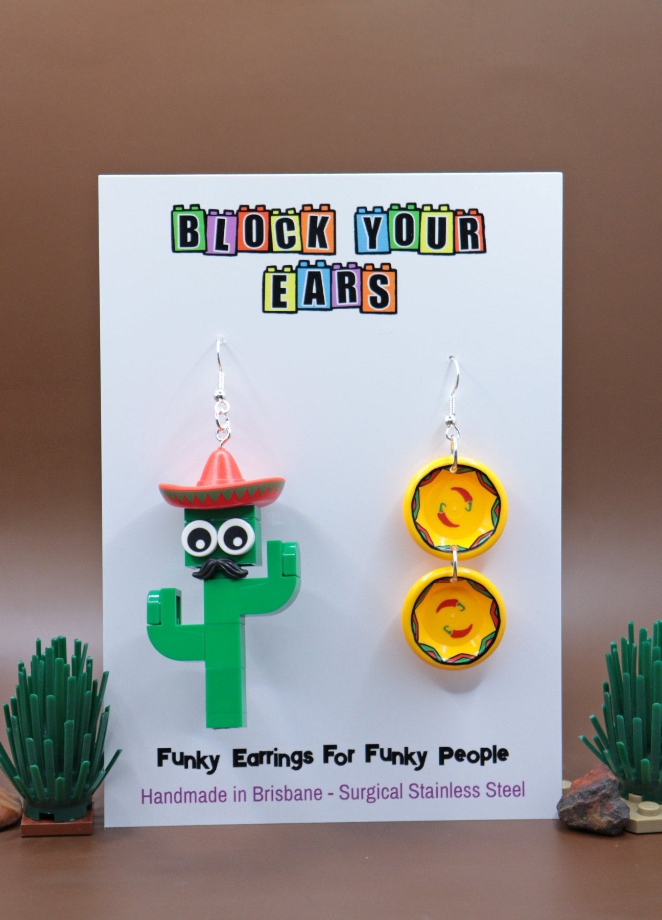 Mismatched Cactus and Yellow plates - LEGO Earrings - Green and Red - Moustache and Sombrero - Earring Card
