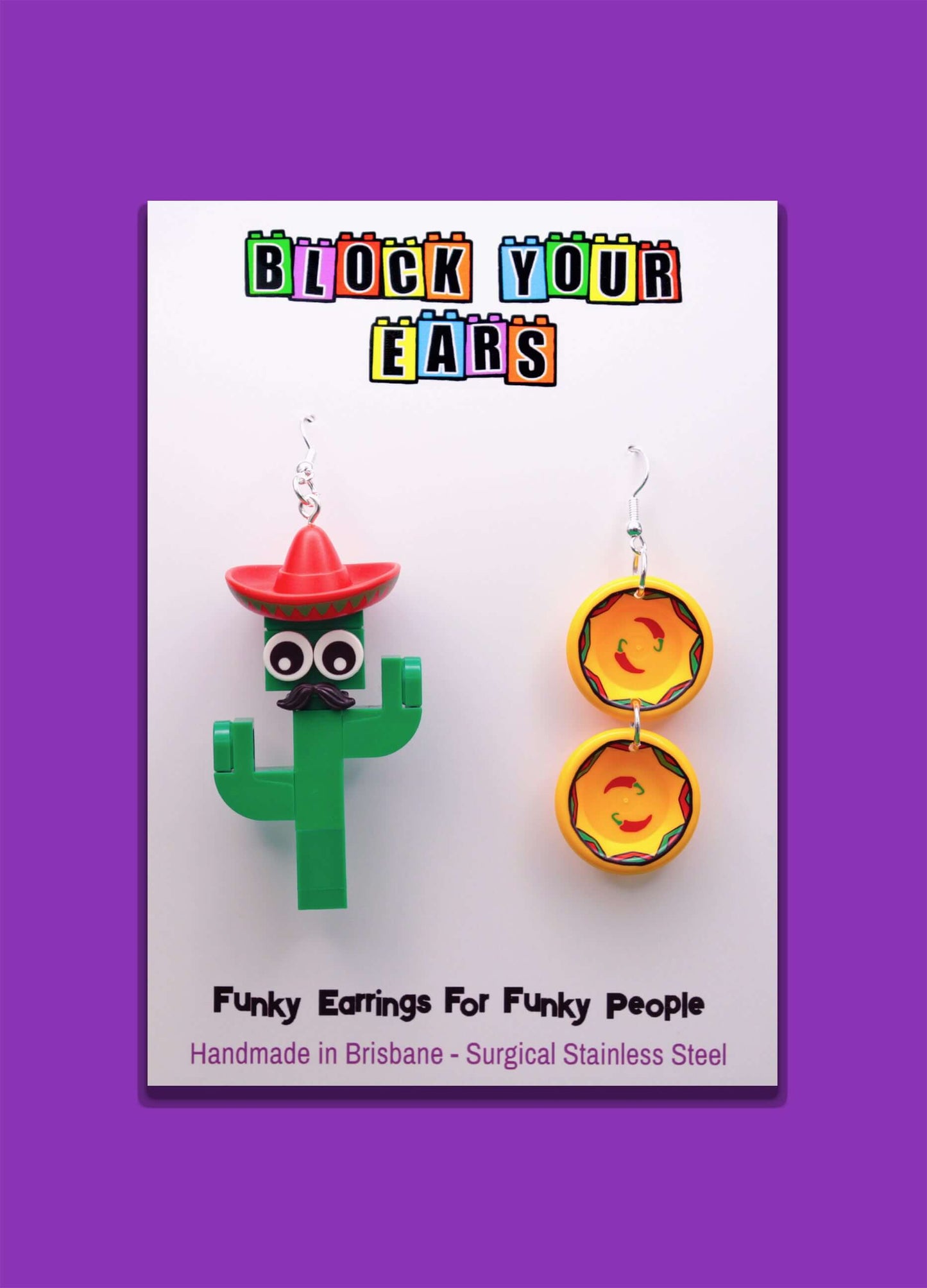 Mismatched Cactus and Yellow plates - LEGO Earrings - Green and Red - Moustache and Sombrero