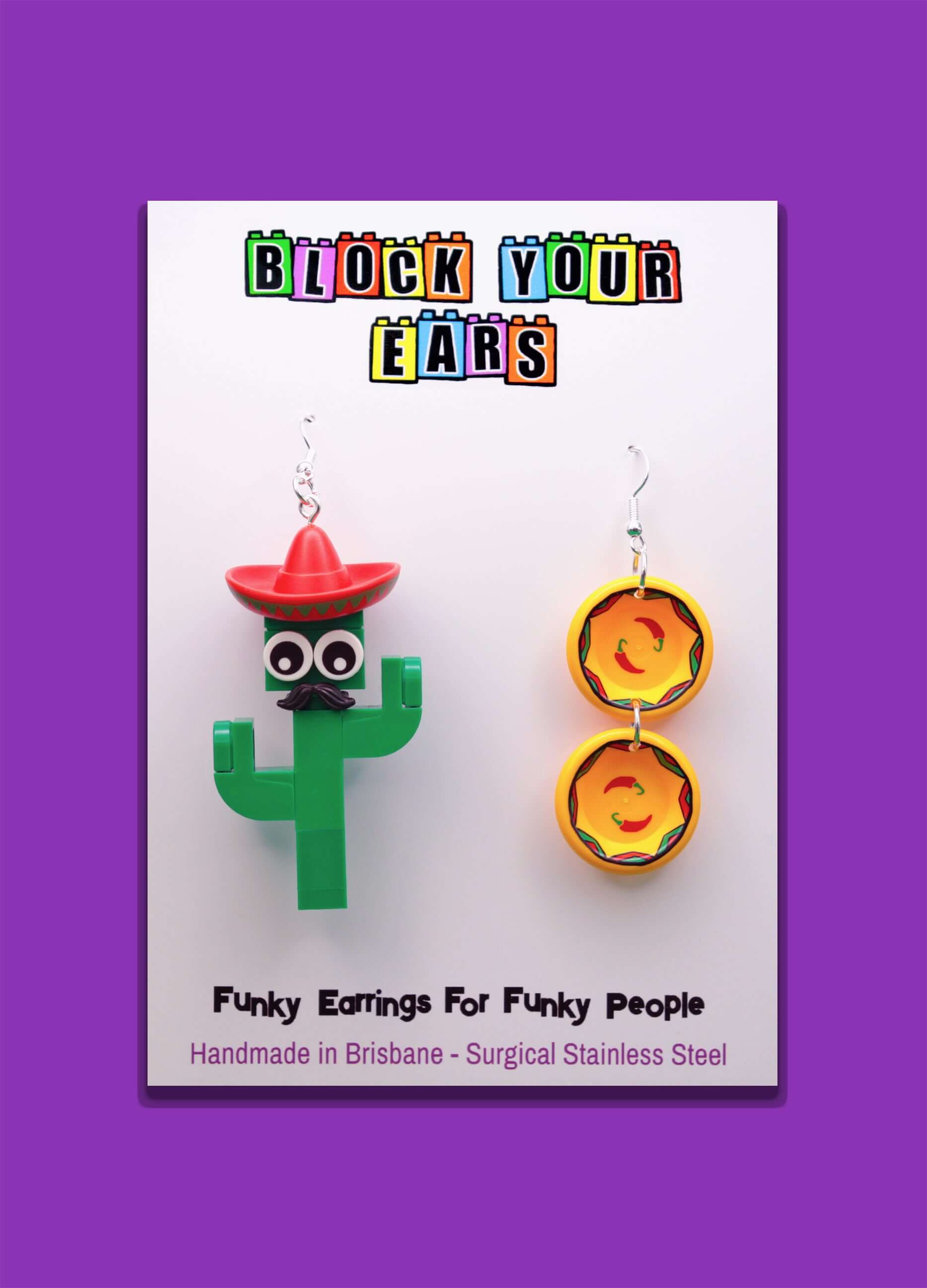 Mismatched Cactus and Yellow plates - LEGO Earrings - Green and Red - Moustache and Sombrero