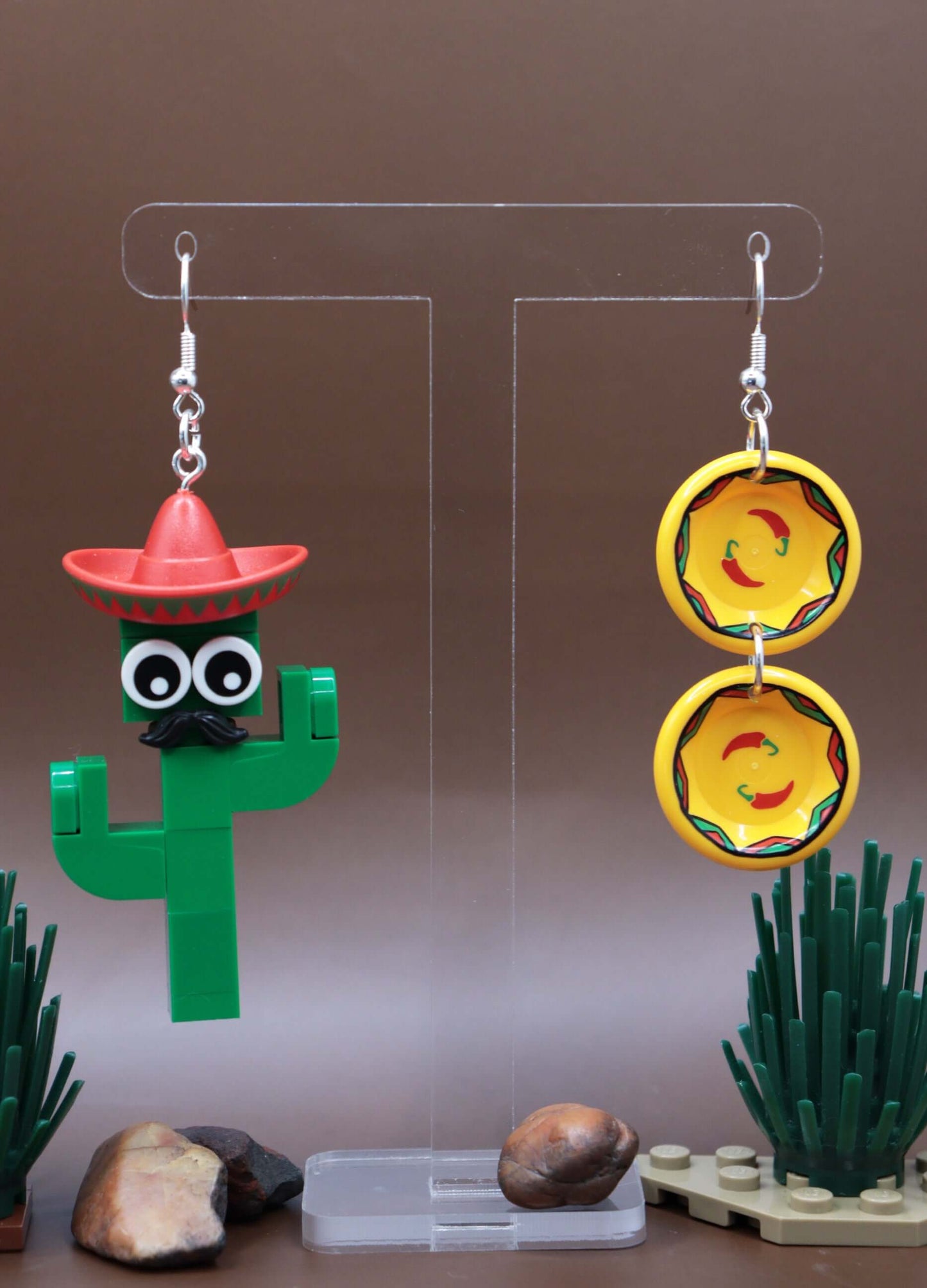 Mismatched Cactus and Yellow plates - LEGO Earrings - Green and Red - Moustache and Sombrero-Hanging-Dark background