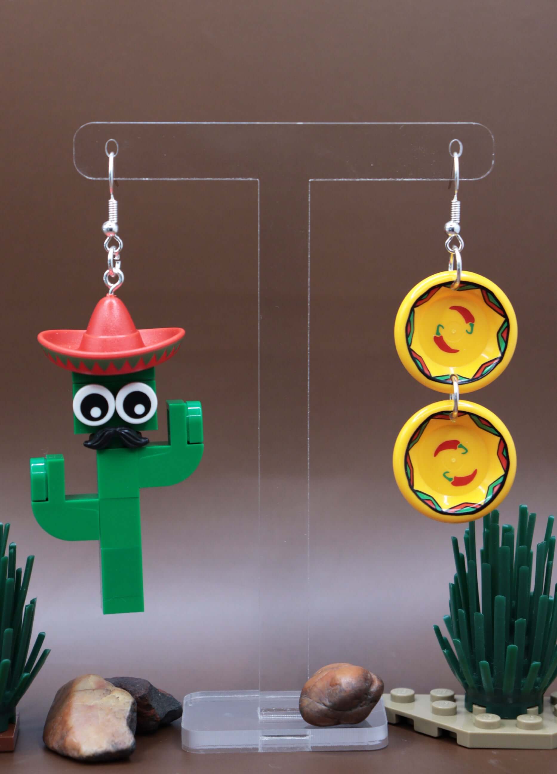 Mismatched Cactus and Yellow plates - LEGO Earrings - Green and Red - Moustache and Sombrero-Hanging-Dark background