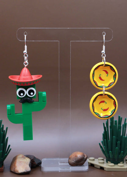 Mismatched Cactus and Yellow plates - LEGO Earrings - Green and Red - Moustache and Sombrero-Hanging-Dark background
