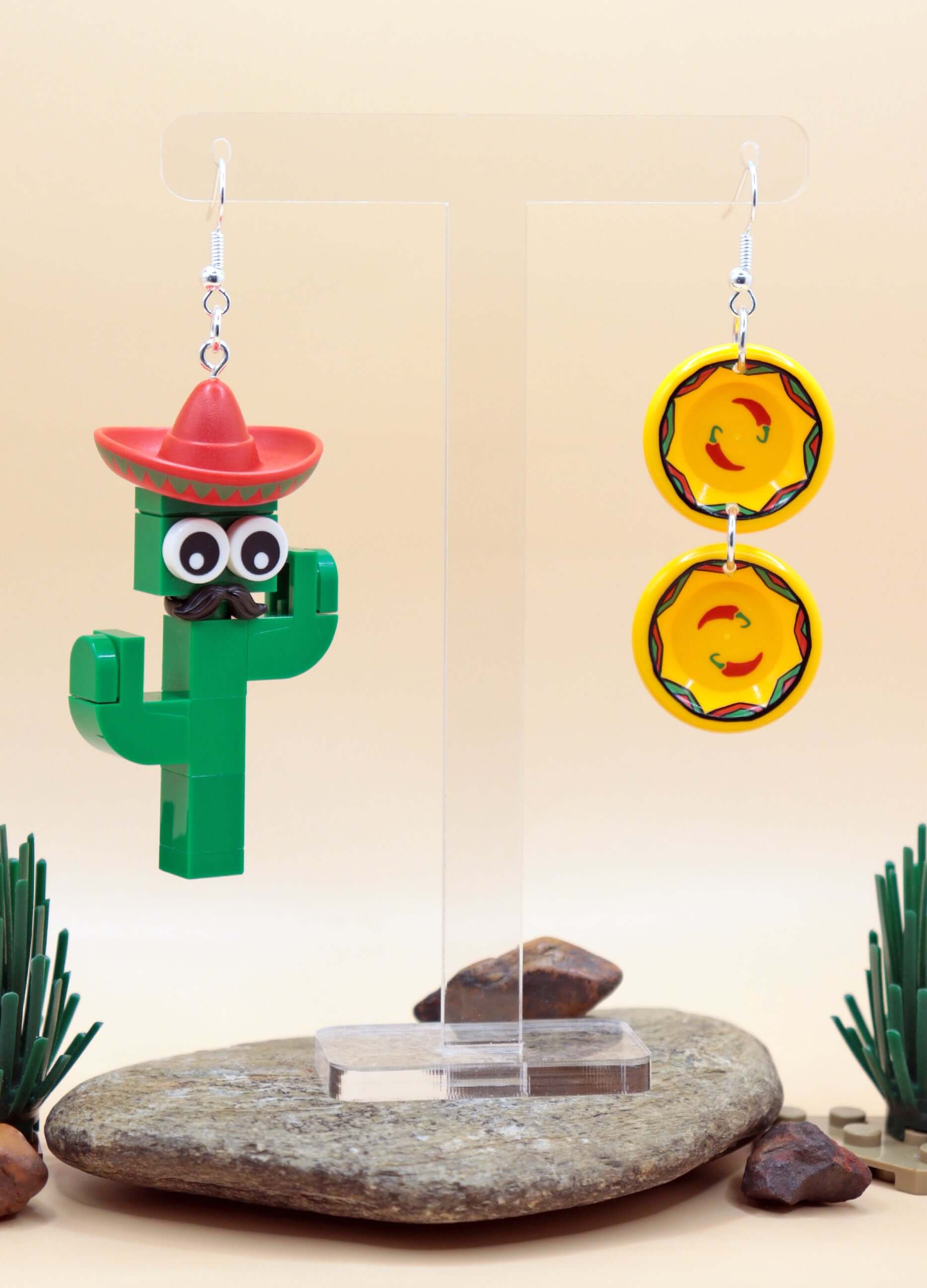 Mismatched Cactus and Yellow plates - LEGO Earrings - Green and Red - Moustache and Sombrero-Hanging-Light background