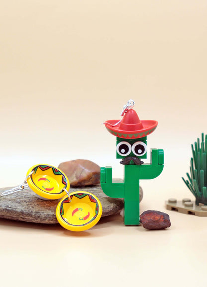 Mismatched Cactus and Yellow plates - LEGO Earrings - Green and Red - Moustache and Sombrero-Standing