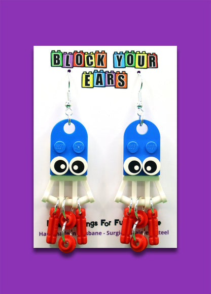 Cephalopod Charms- Blue/White/Red-LEGO Earrings - funny squid on display card