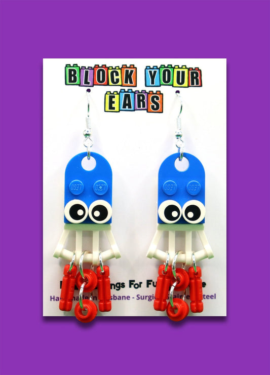 Cephalopod Charms- Blue/White/Red-LEGO Earrings - funny squid on display card