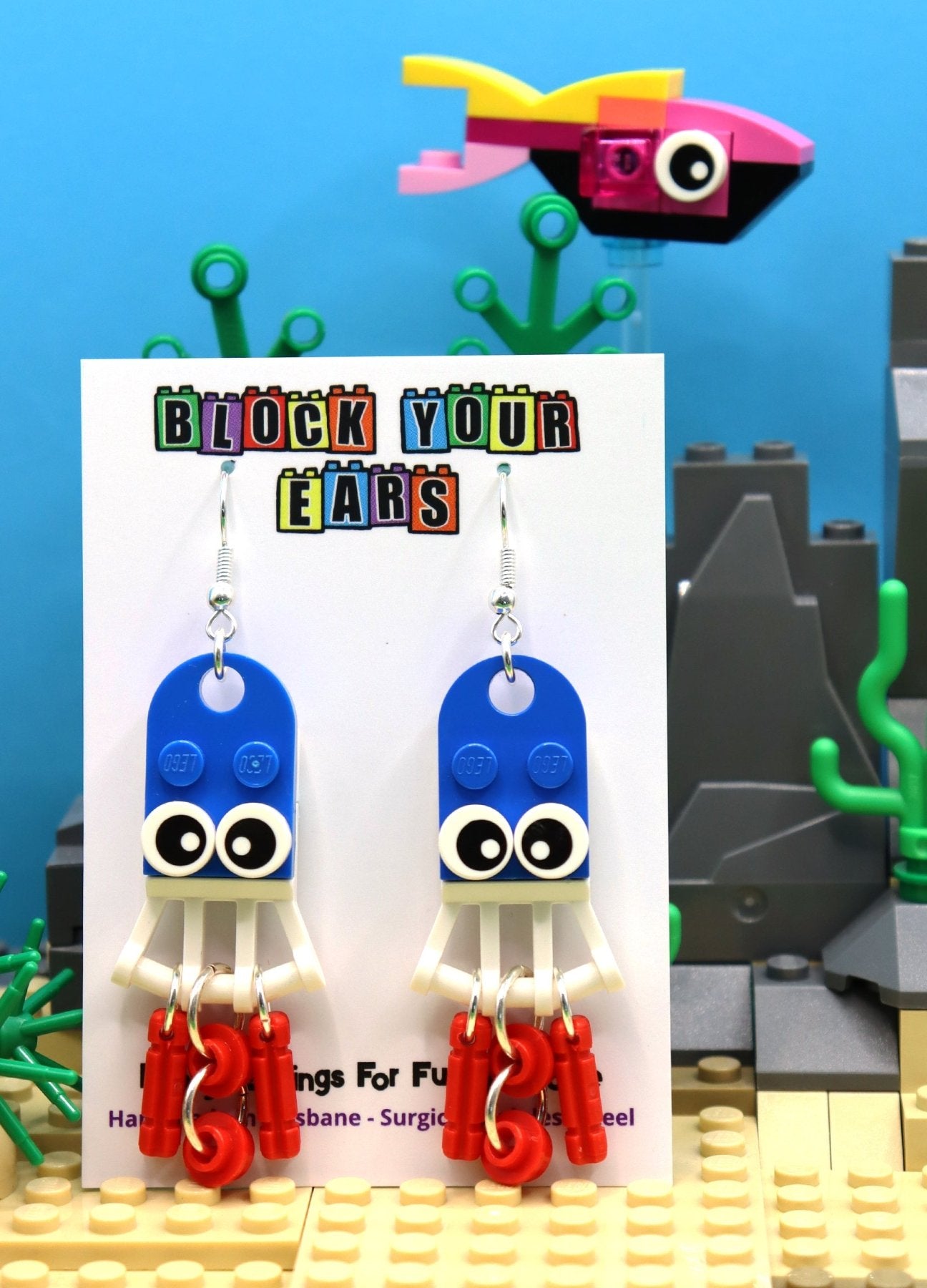 Cephalopod Charms- Blue/White/Red-LEGO Earrings - funny squid -Novelty earrings on display card-Underwater scene