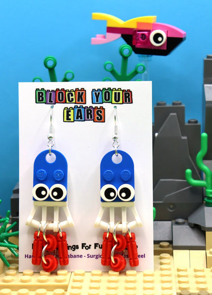 Cephalopod Charms- Blue/White/Red-LEGO Earrings - funny squid -Novelty earrings on display card-Underwater scene
