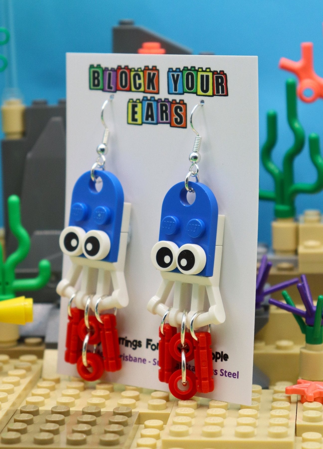 Cephalopod Charms- Blue/White/Red-LEGO Earrings - funny squid -Novelty earrings - Aussie beach