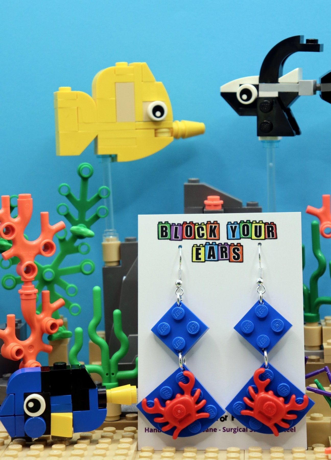 Red crabs on blue plates-Handmade LEGO earrings-Dangles on display card in Aussie beach scene