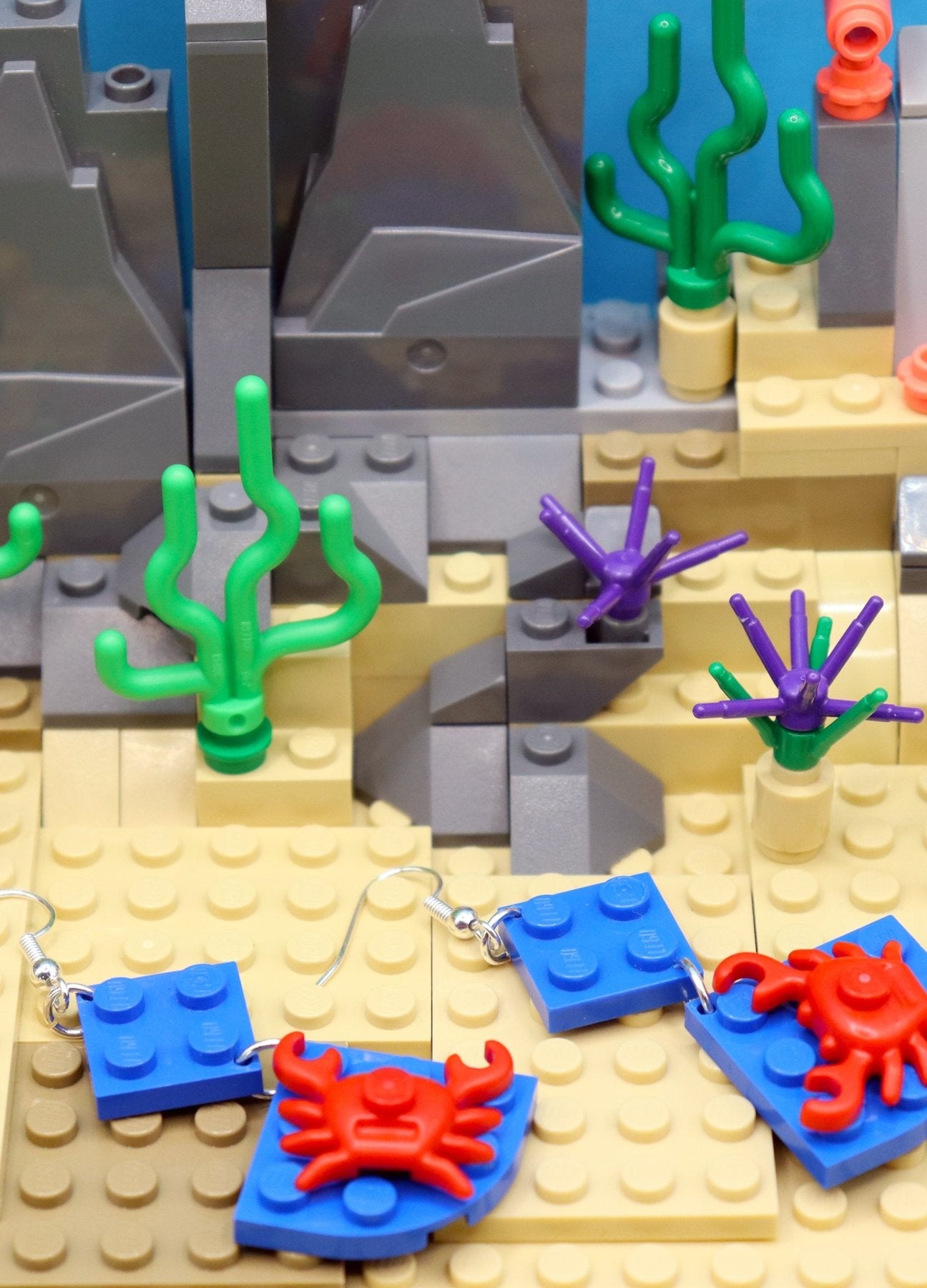 Red crabs on blue plates-Handmade LEGO earrings-Dangles-Underwater scene