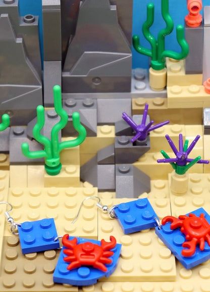 Red crabs on blue plates-Handmade LEGO earrings-Dangles-Underwater scene