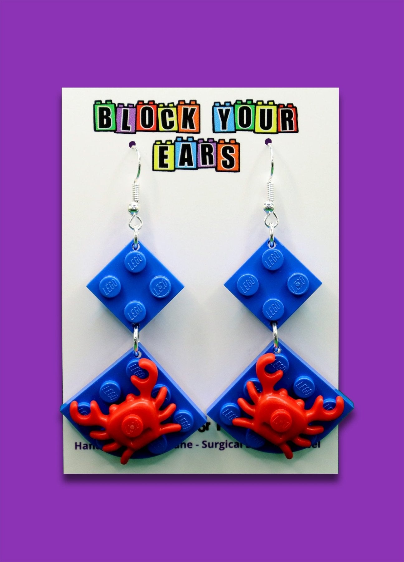 Red crabs on blue plates-Handmade LEGO earrings-Dangles on display card