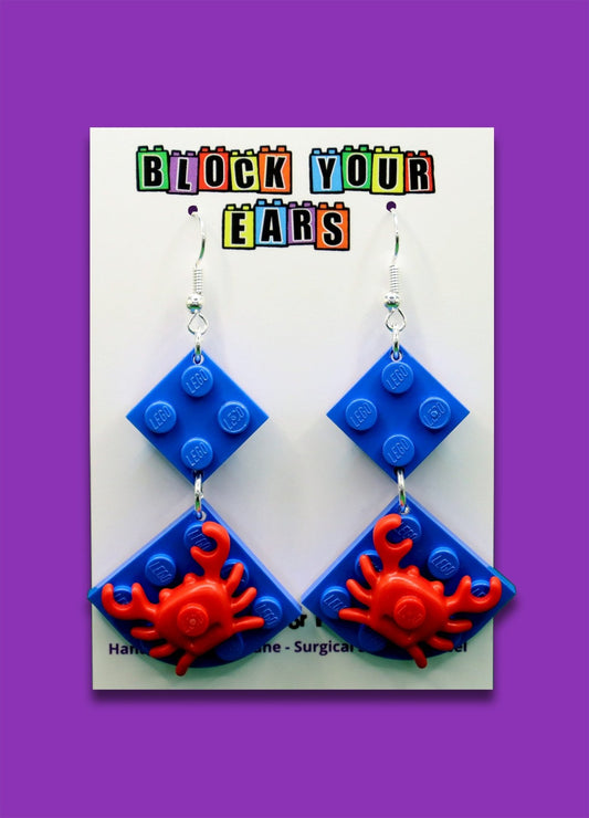 Red crabs on blue plates-Handmade LEGO earrings-Dangles on display card