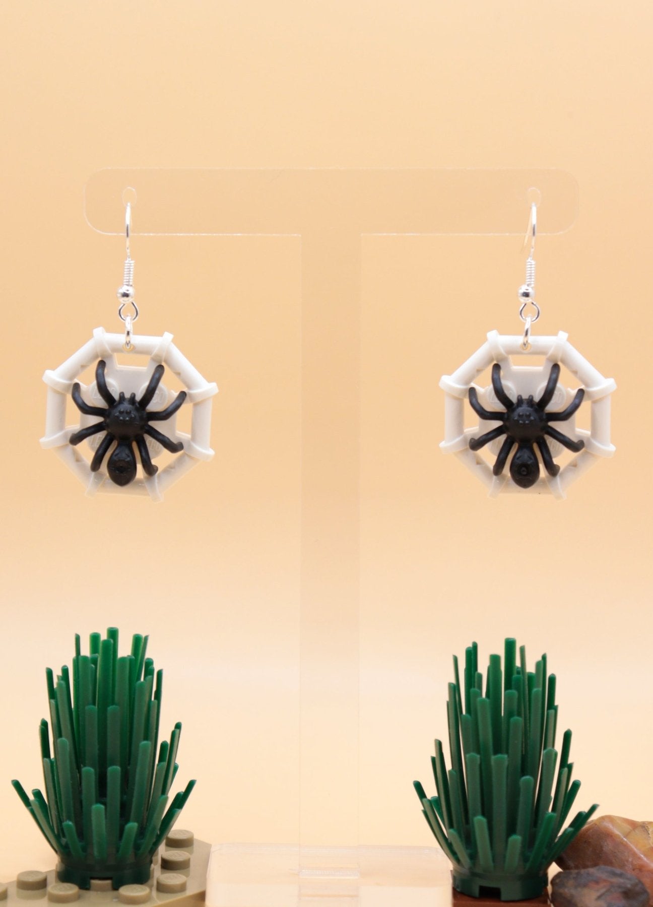 Black and white LEGO spider earrings-Spider on web – spooky Halloween novelty earrings - Danglers on hanger