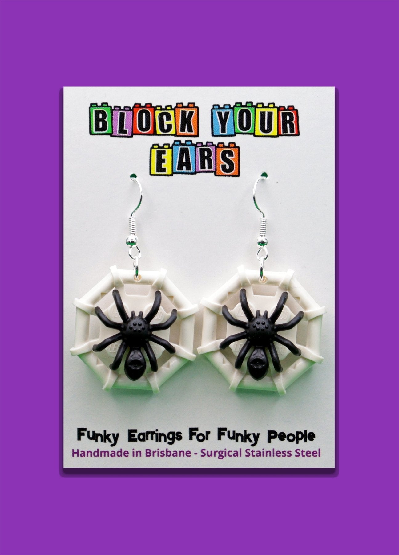 Black and white LEGO spider earrings-Spider on web – spooky Halloween novelty earrings on display card