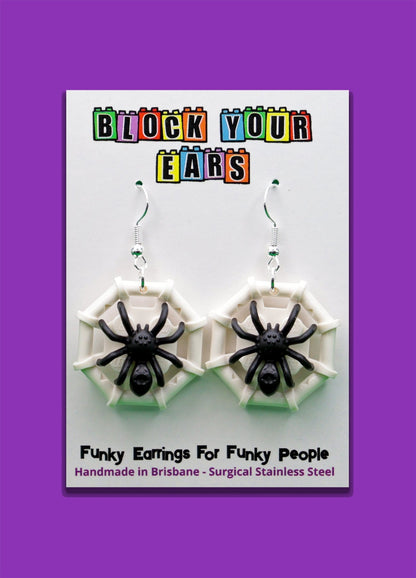 Black and white LEGO spider earrings-Spider on web – spooky Halloween novelty earrings on display card