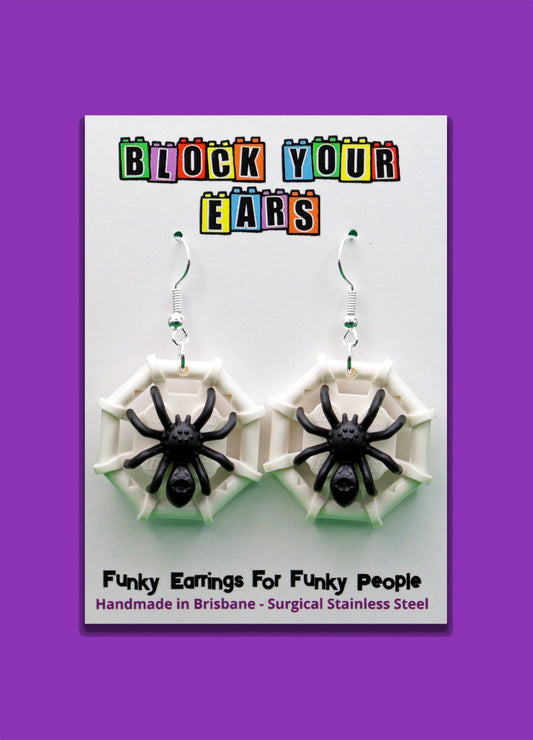 Black and white LEGO spider earrings-Spider on web – spooky Halloween novelty earrings on display card