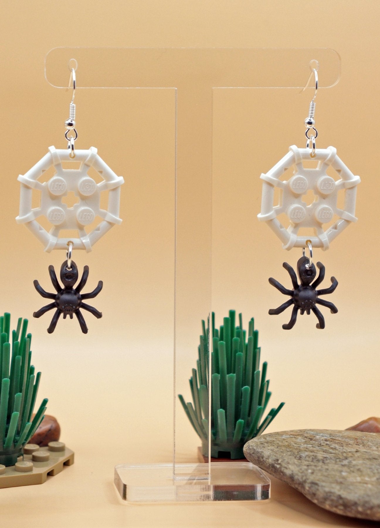 Black and white LEGO-style spider and web earrings – spooky Halloween novelty earrings hanging