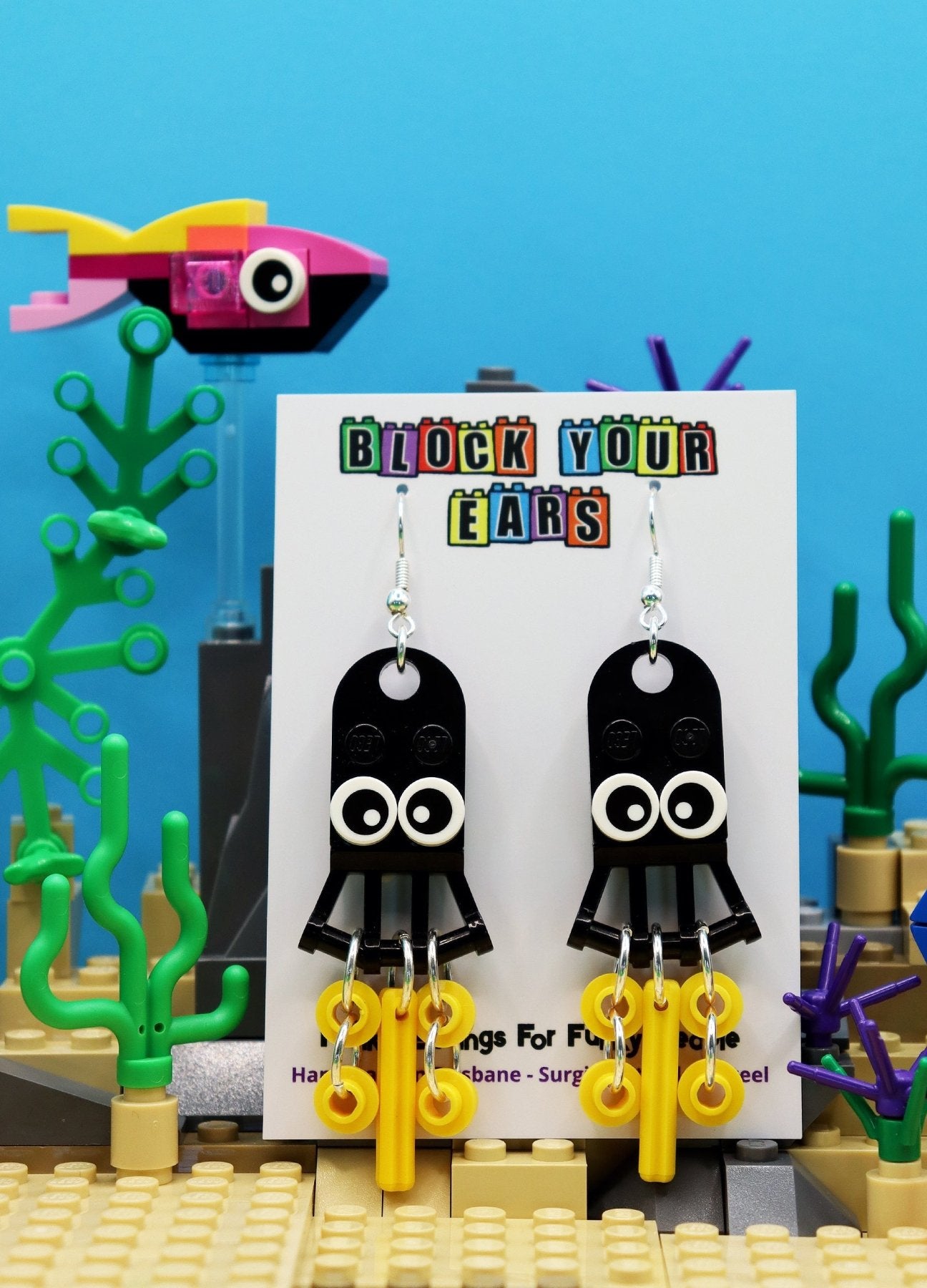 Underwater earrings - Black and yellow squid made from LEGO-Novelty earrings - Dangles on display card - Fish scene