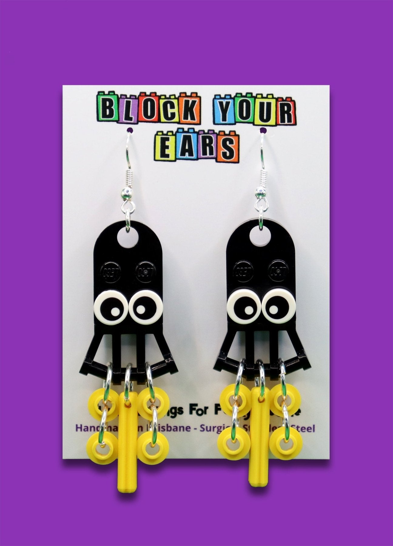 Underwater earrings - Black and yellow squid made from LEGO-Novelty earrings - Dangles on display card
