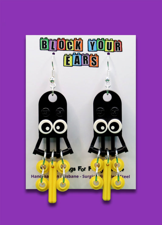 Underwater earrings - Black and yellow squid made from LEGO-Novelty earrings - Dangles on display card