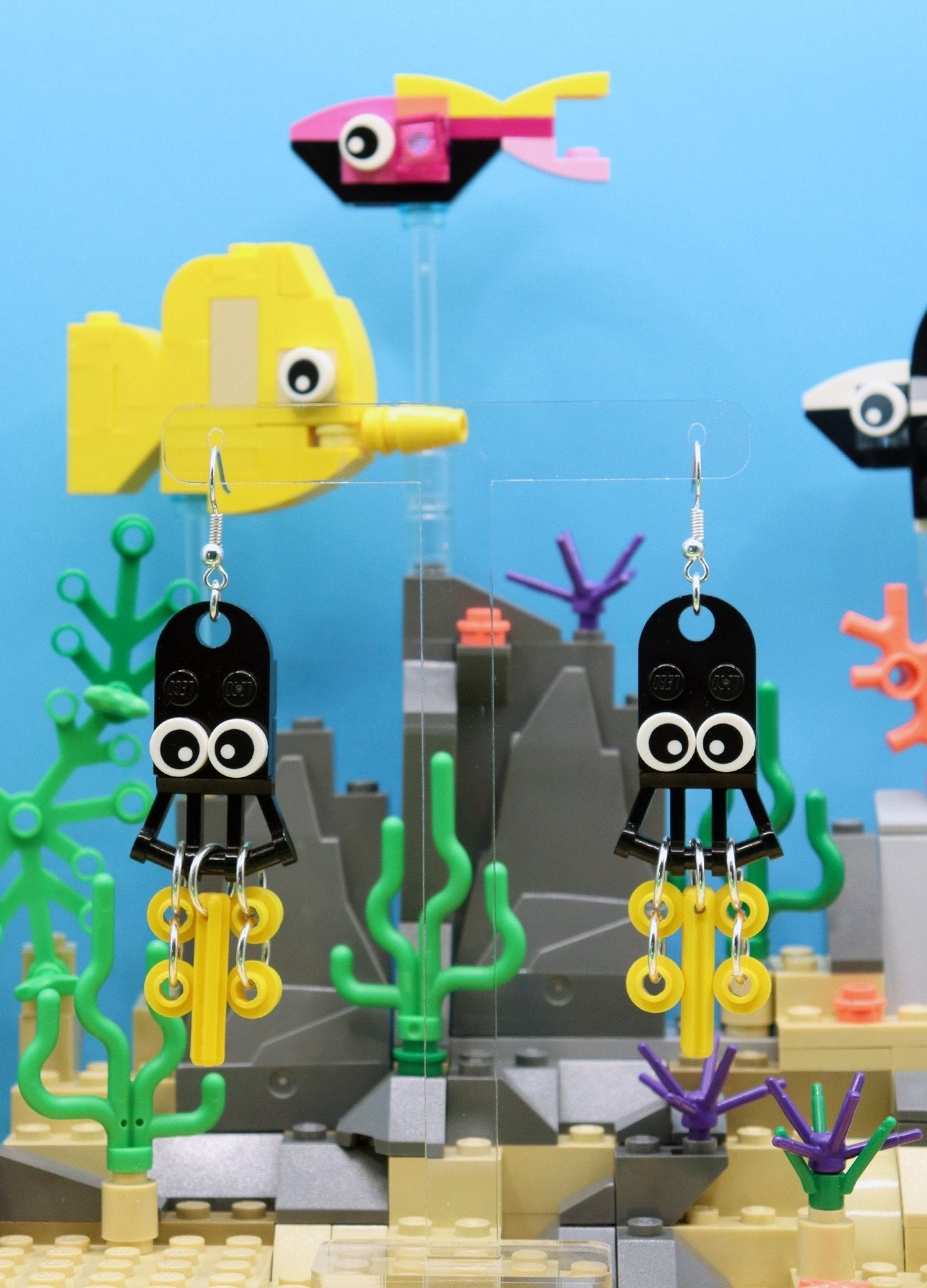 Underwater earrings - Black and yellow squid made from LEGO-Novelty earrings - Dangles hanger - Fish scene