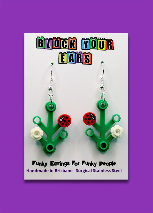 Ladybird, ladybug, lady beetle on LEGO plant-Cute and quirky earrings on display card