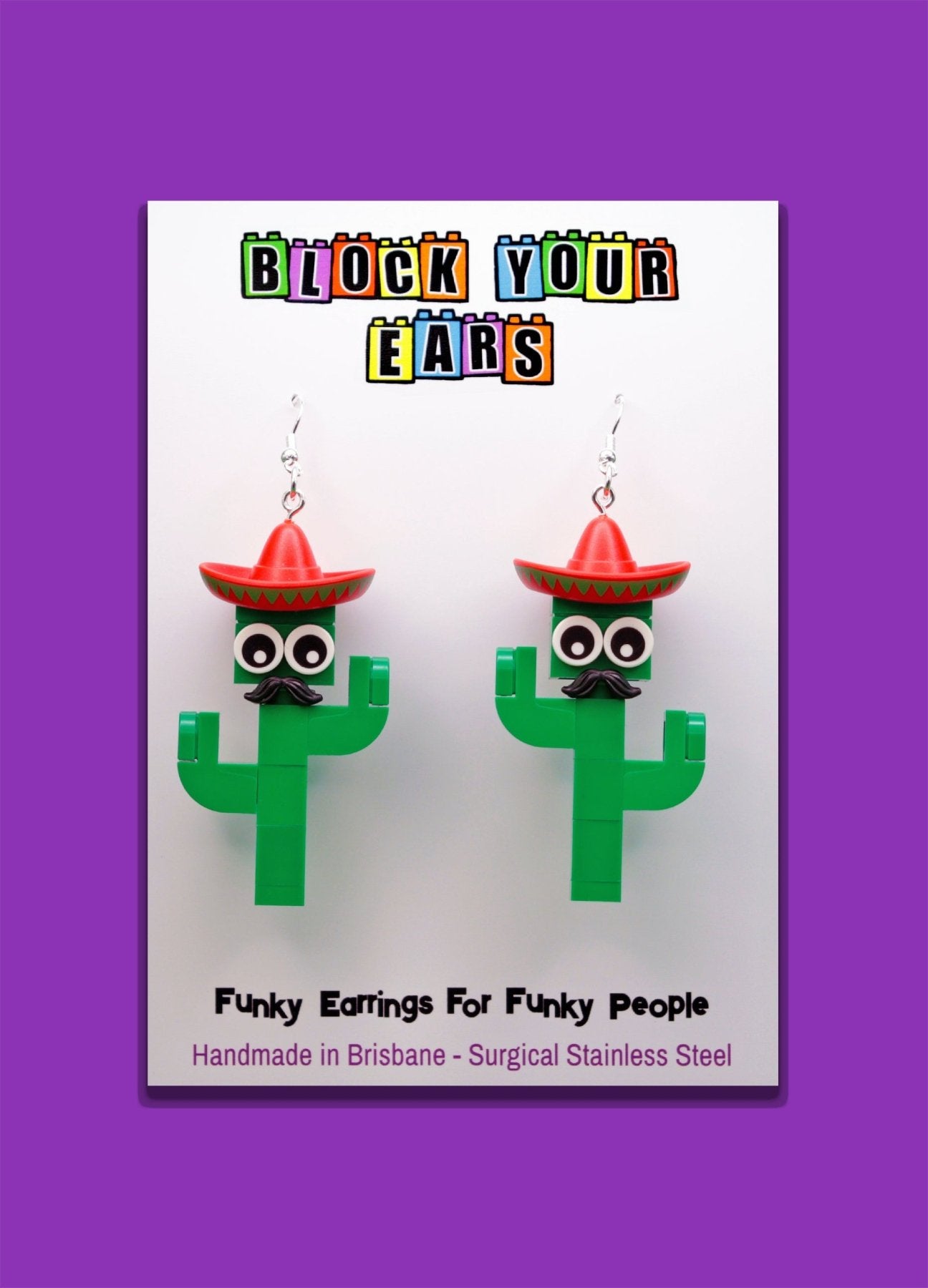 Moustachioed Amigos green LEGO cactus earrings, red sombreros, cartoon eyes, and black moustaches – fun novelty earrings