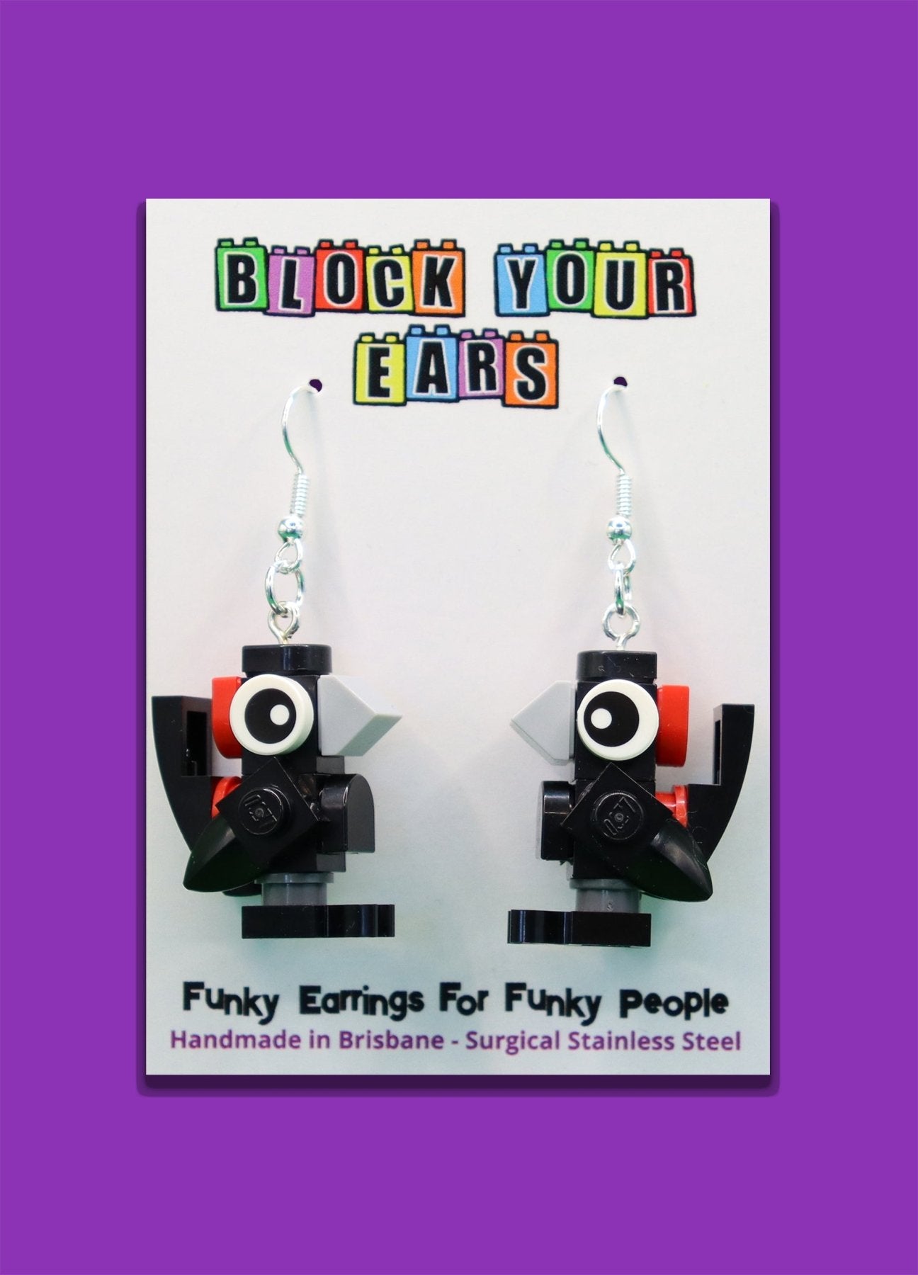 Red-Backed Fairy-Wrens - Aussie Bird earrings handmade with LEGO-Novelty earrings on display card