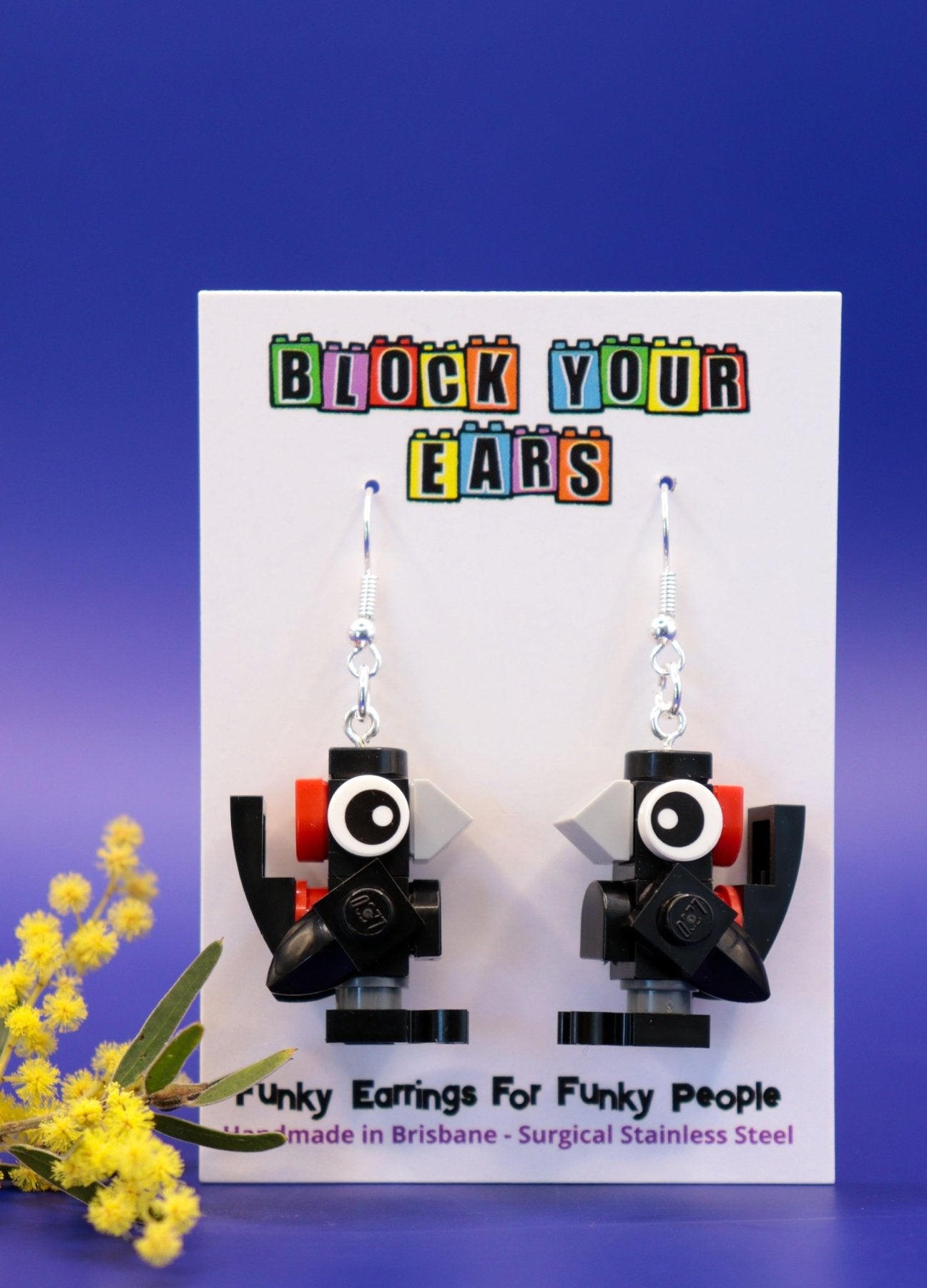 Red-Backed Fairy-Wrens - Aussie Bird earrings handmade with LEGO-Novelty earrings on display card against blue background