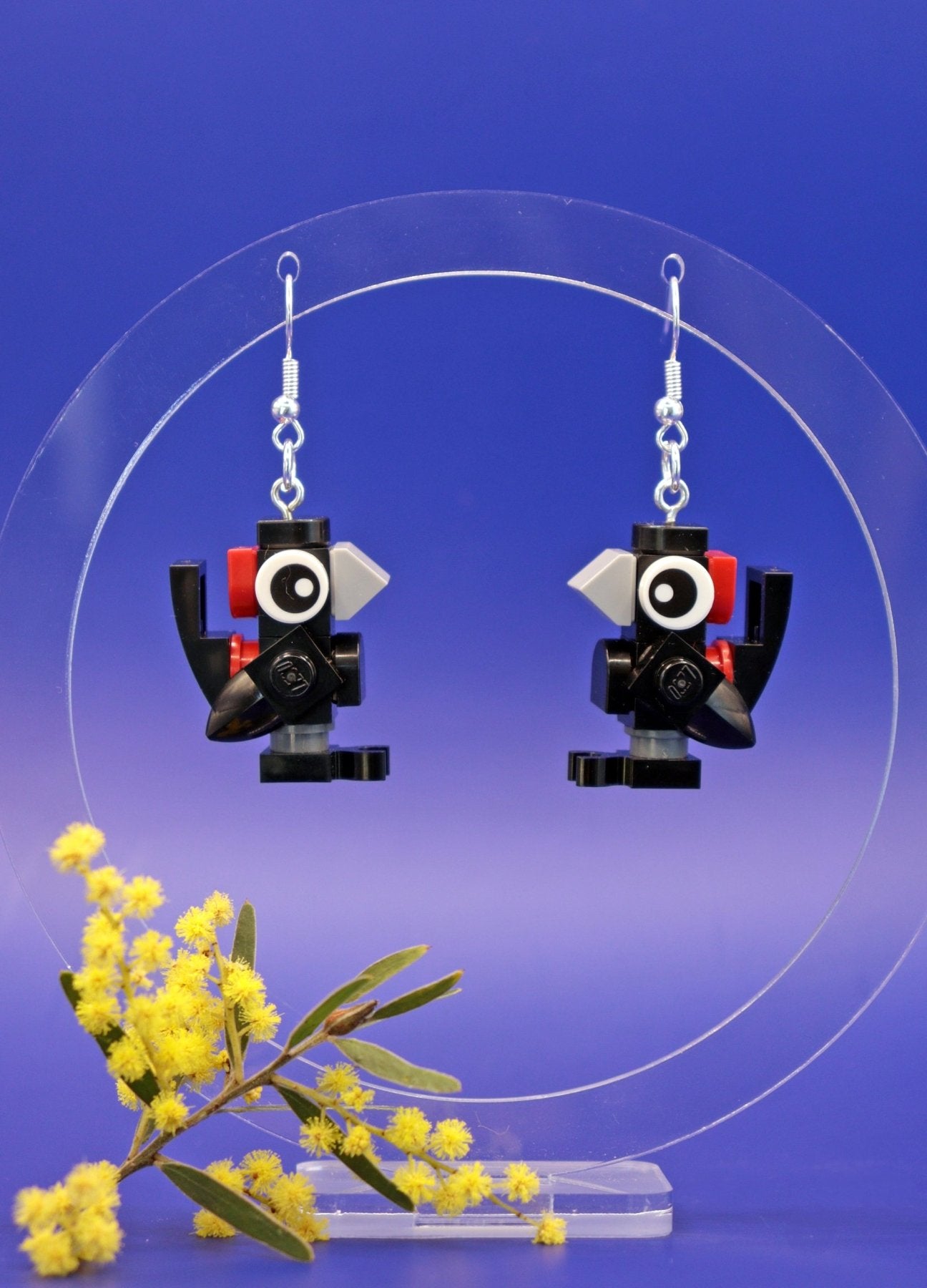 Red-Backed Fairy-Wrens - Aussie Bird earrings handmade with LEGO-Novelty earrings hanging against blue background - wattle