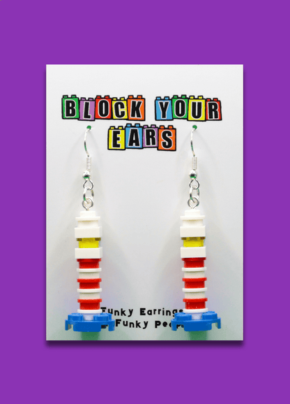 Smooth Sailing - Block Your Ears - Lighthouse- Red-White-Yellow-Blue-LEGO Earrings-Dangles