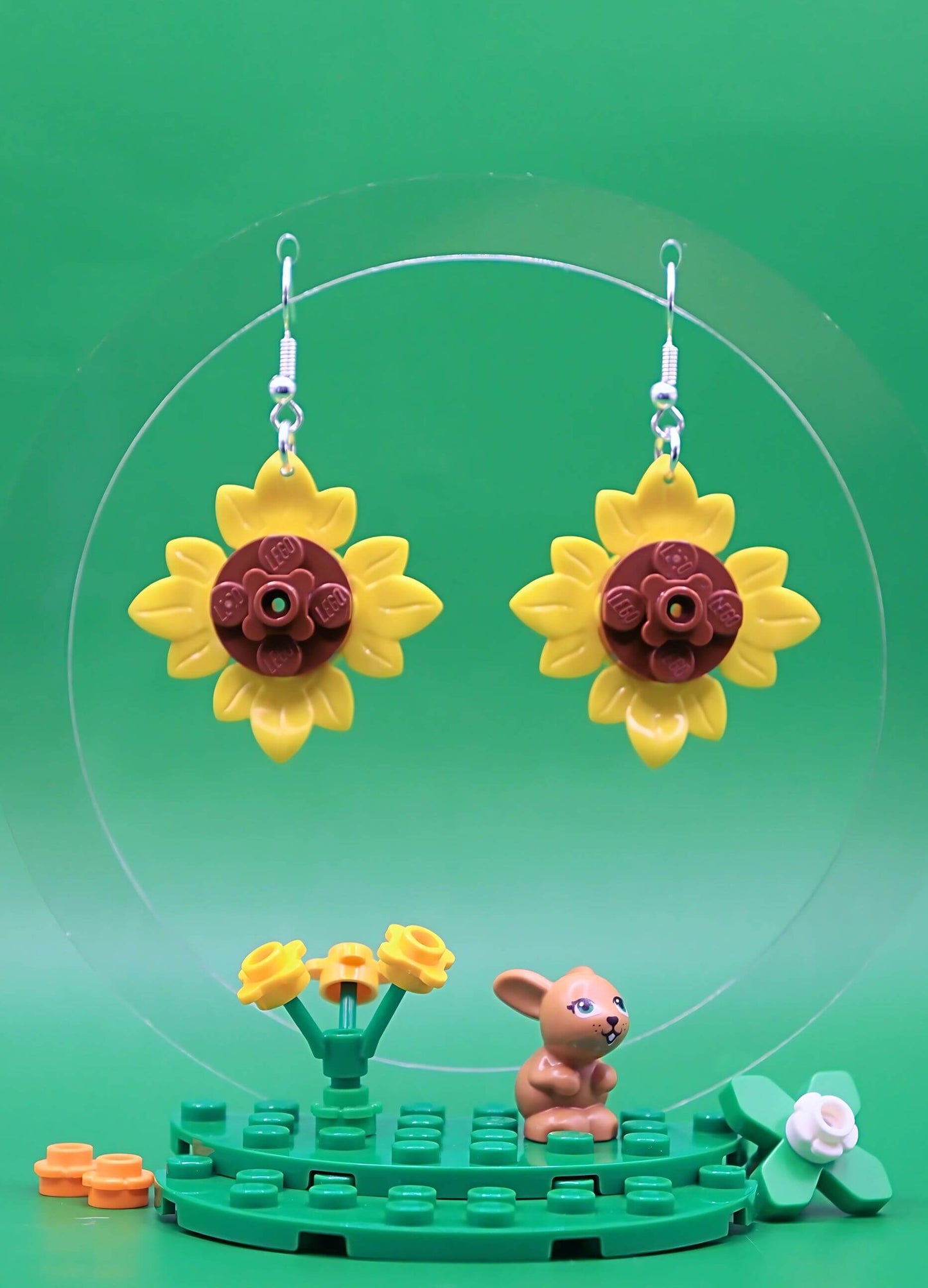 Sunflower Petals LEGO earrings hanging freely, playful statement jewellery full of sunshine