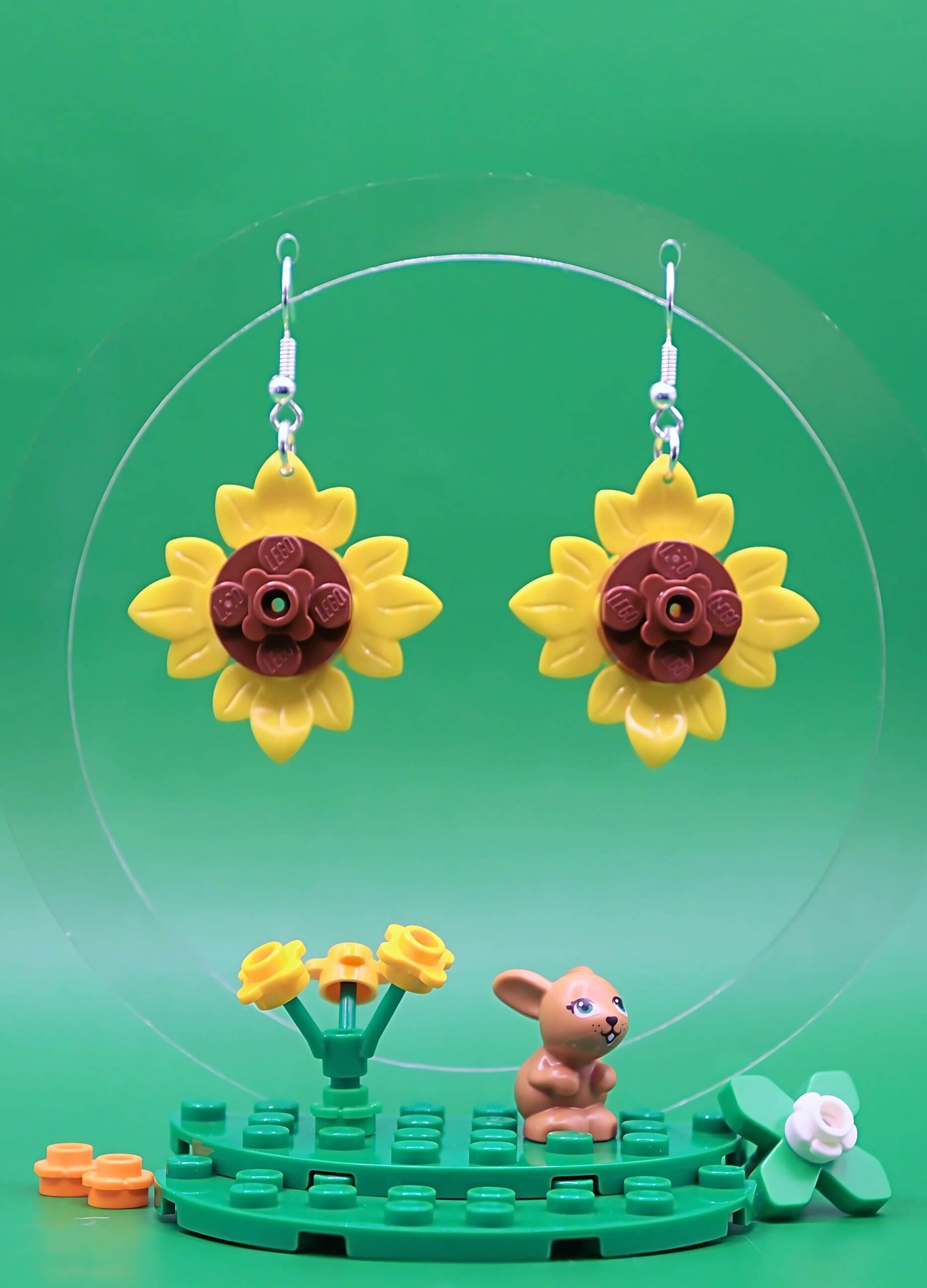 Sunflower Petals LEGO earrings hanging freely, playful statement jewellery full of sunshine