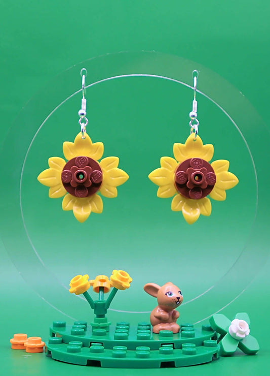 Sunflower Petals LEGO earrings hanging freely, playful statement jewellery full of sunshine