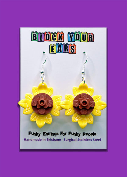 Handmade Sunflower Petals LEGO earrings on display card with purple background