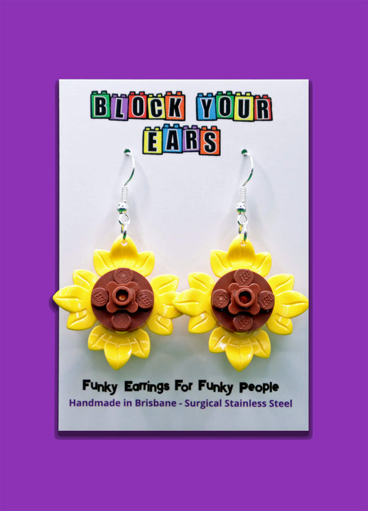 Handmade Sunflower Petals LEGO earrings on display card with purple background