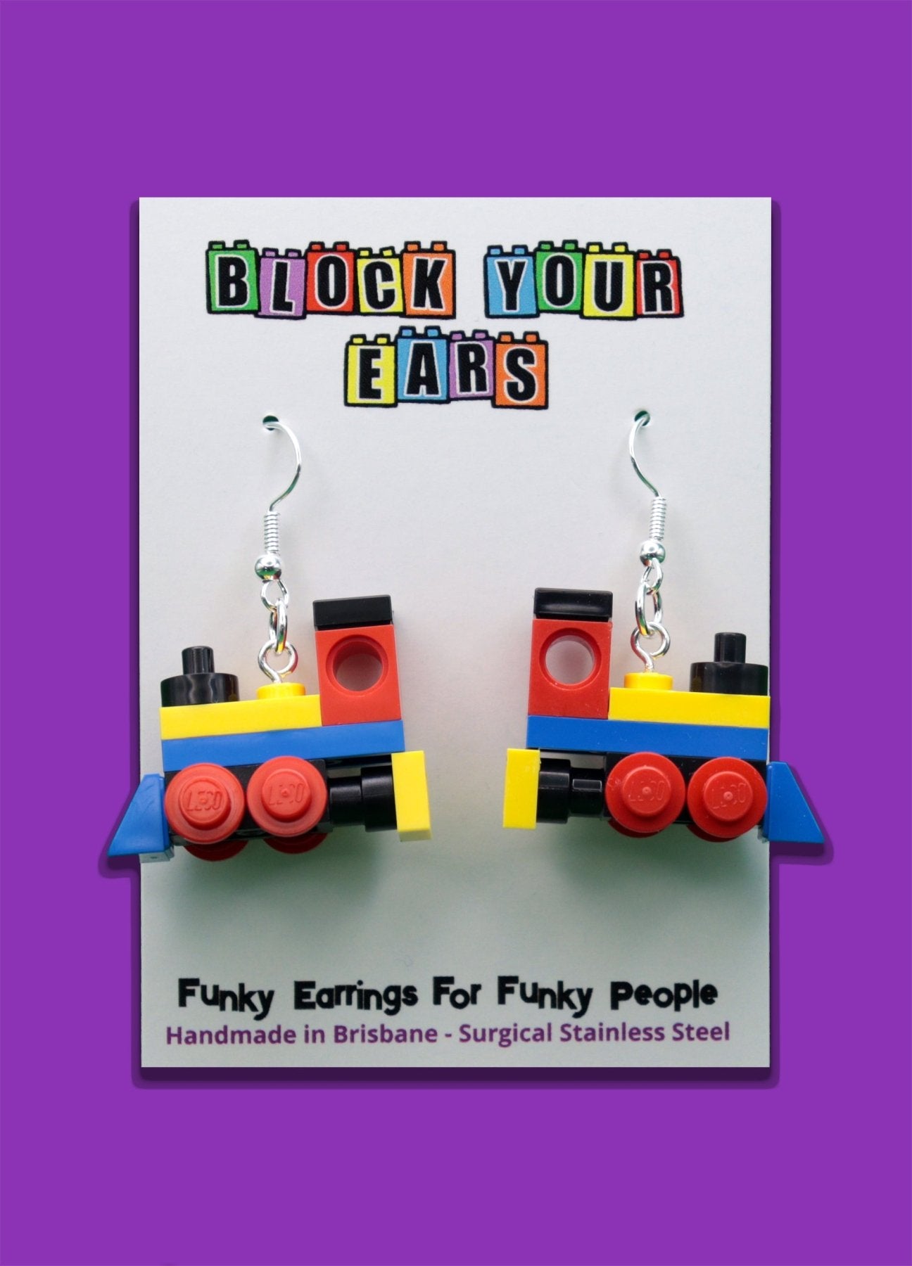 Miniature train earrings made from LEGO-Cute novelty earrings -Yellow/Blue/Red - On display card