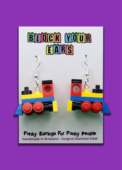 Miniature train earrings made from LEGO-Cute novelty earrings -Yellow/Blue/Red - On display card