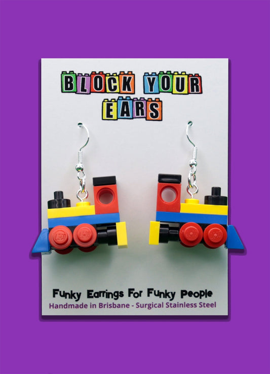 Miniature train earrings made from LEGO-Cute novelty earrings -Yellow/Blue/Red - On display card