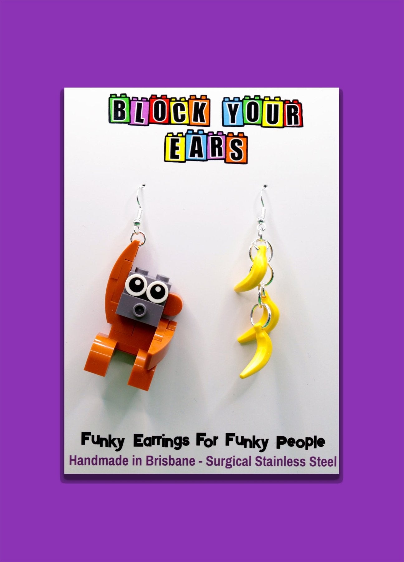 Ape and Banana- Mismatched Funny LEGO Earrings Australia - Block Your Ears-1866_x_2592