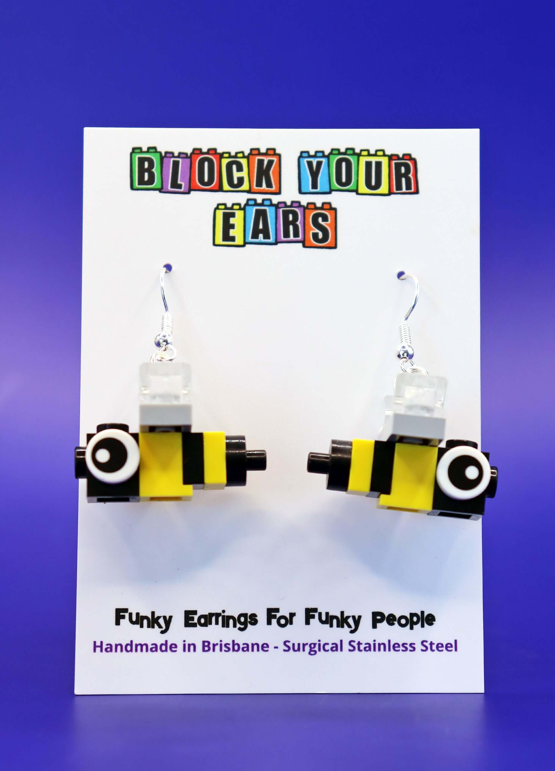 Pair of cute handmade bee earrings on second card - Yellow, black, nature loving