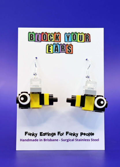Pair of cute handmade bee earrings on second card - Yellow, black, nature loving