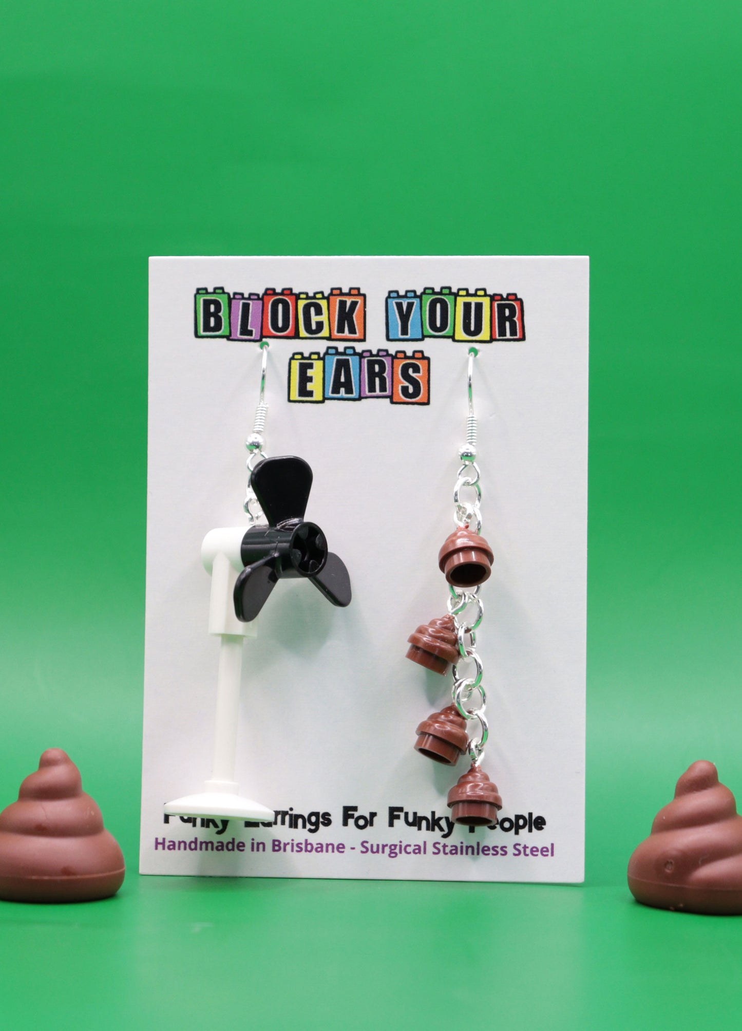 Funny handmade mismatched earrings with poop and fan LEGO pieces – novelty gift with humorous styling