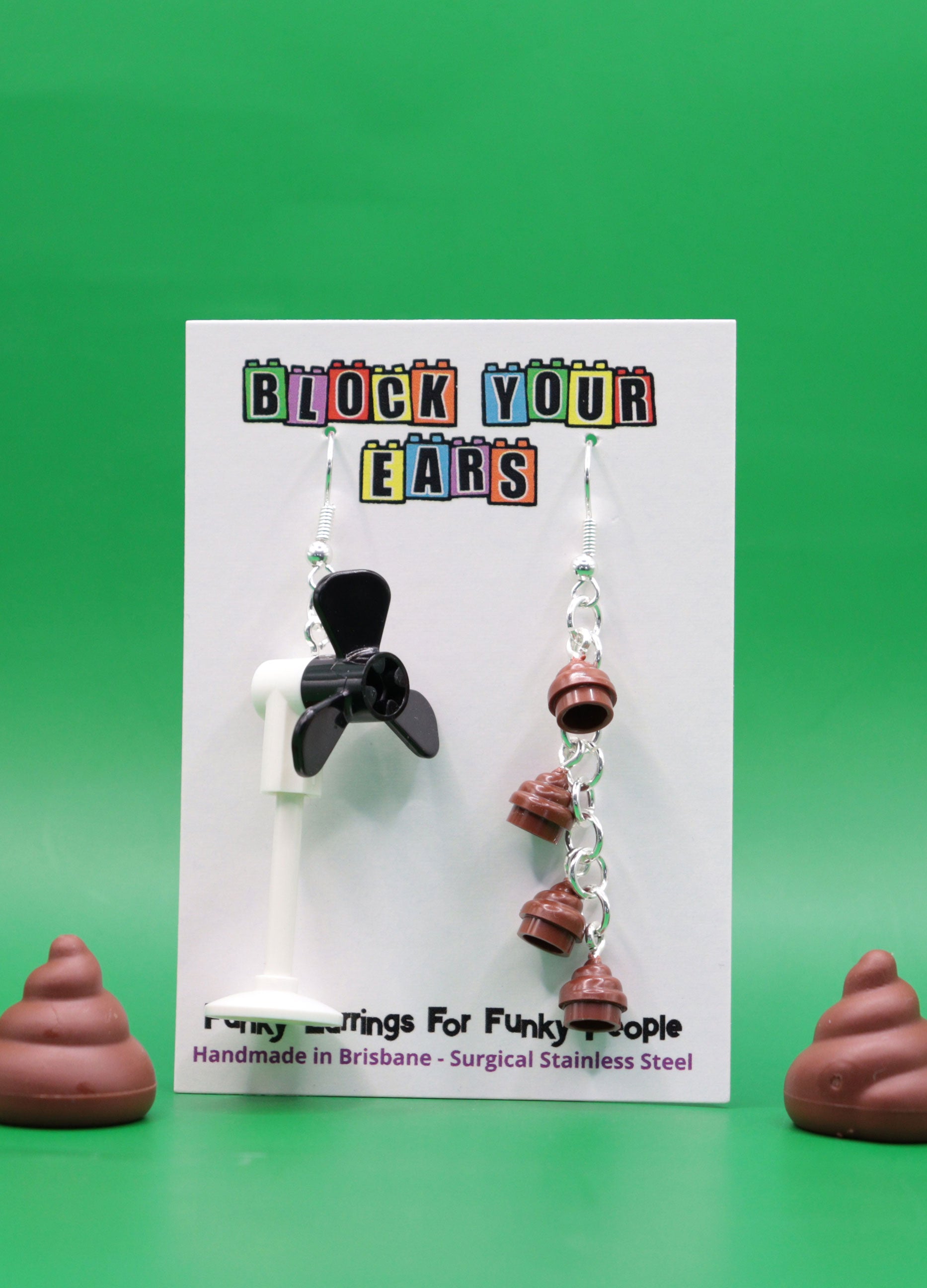 Funny handmade mismatched earrings with poop and fan LEGO pieces – novelty gift with humorous styling