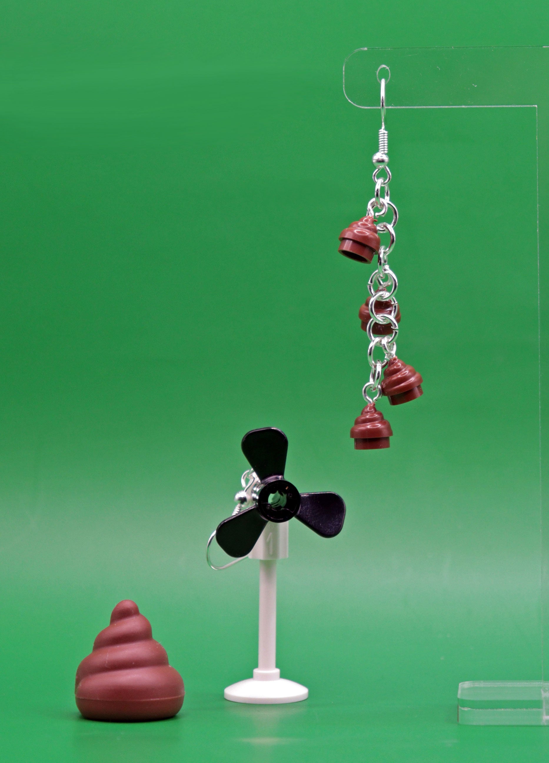 LEGO fan and poo earrings – mismatched novelty design, handmade with surgical steel hooks