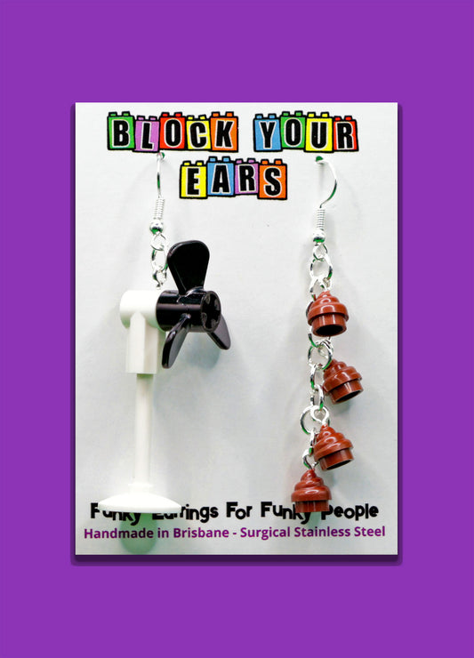 Handcrafted novelty earrings made from LEGO – mismatched fan and poo design with hypoallergenic stainless steel hooks